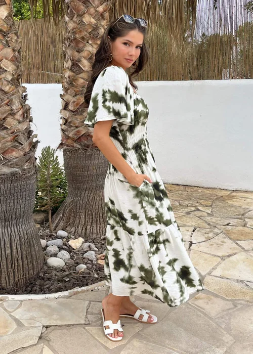 AX Paris Olive & White Smudge Print Shirred Waist Smock Midi Dress - 10 Image 4