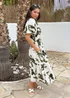 AX Paris Olive & White Smudge Print Shirred Waist Smock Midi Dress - 10 Image 4