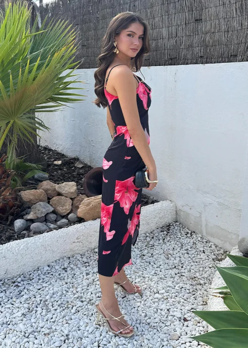 AX Paris Black And Cerise Floral Print Strap Detail Cowl Midi Dress - 16 Image 4