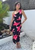 AX Paris Black And Cerise Floral Print Strap Detail Cowl Midi Dress - 16 Image 2