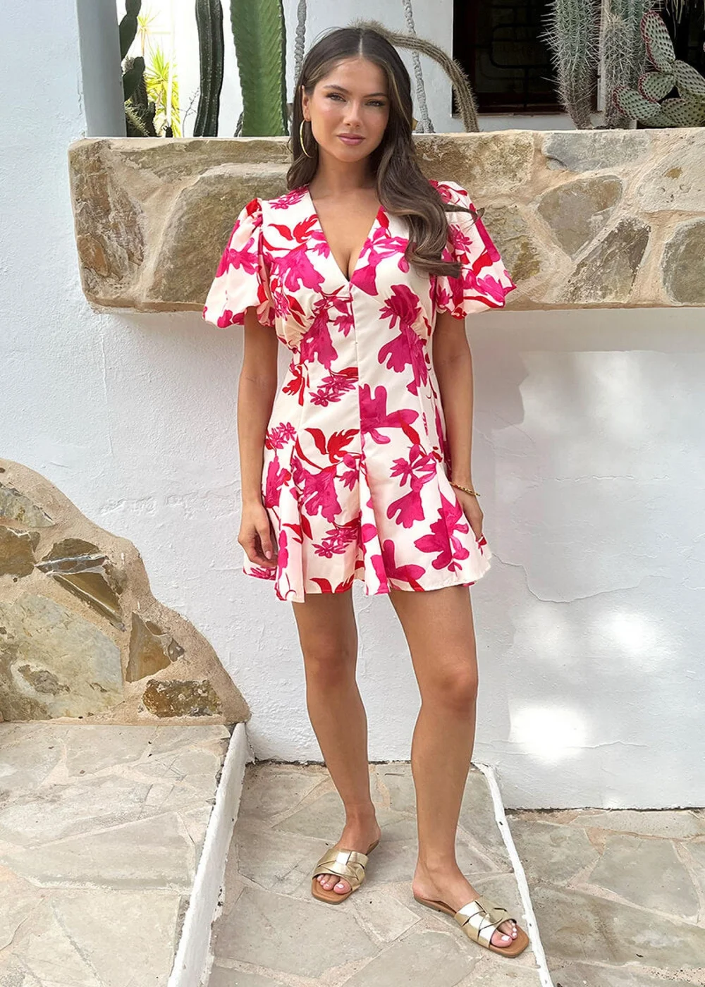 AX Paris Pink & Cream Floral Print Puff Sleeve Skater Mini Dress - 10 Image 2