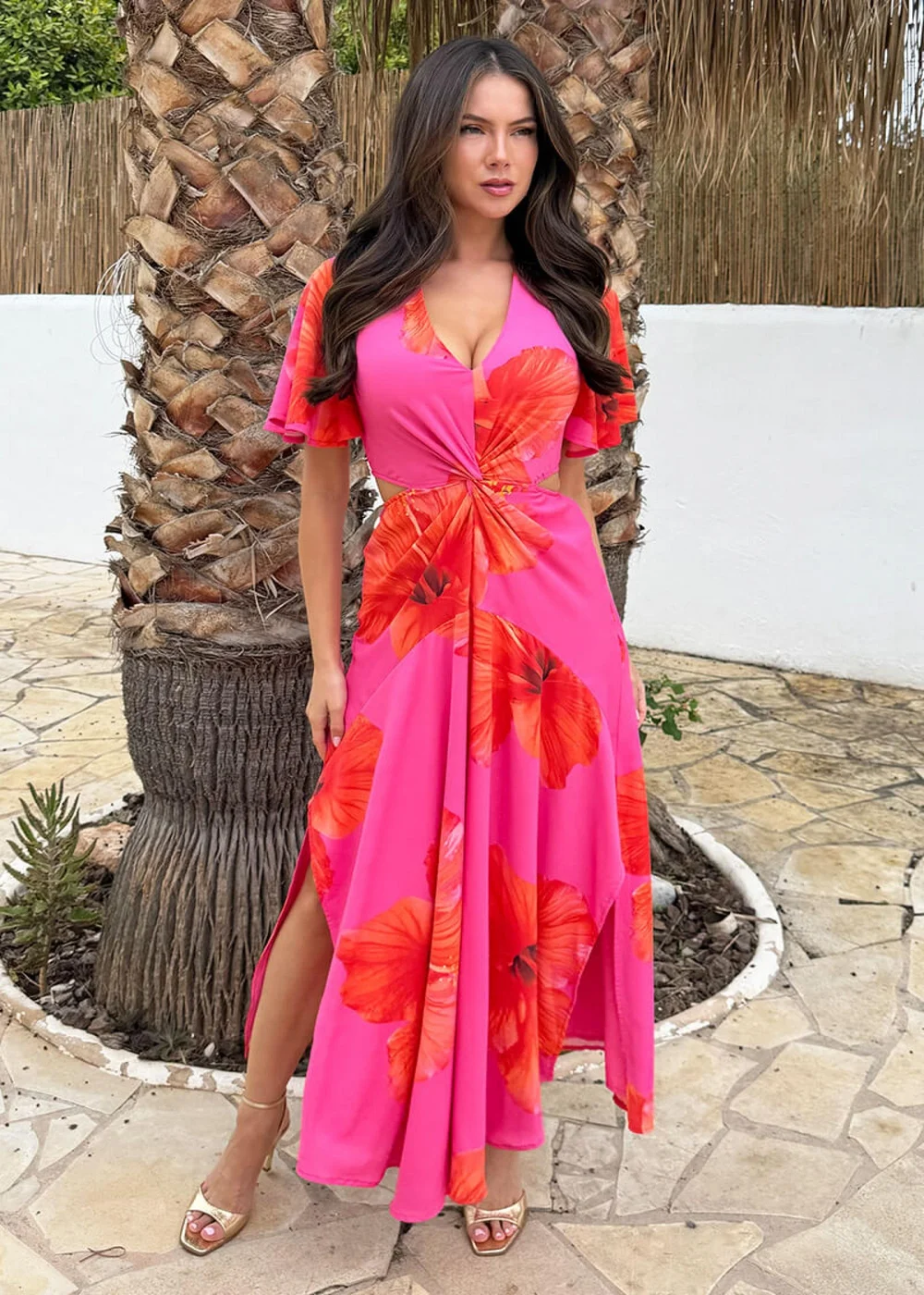 AX Paris Pink & Orange Floral Print V Neck Cut Out Knot Detail Midi Dress - 16 Image 2