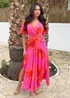 AX Paris Pink & Orange Floral Print V Neck Cut Out Knot Detail Midi Dress - 16 Image 2