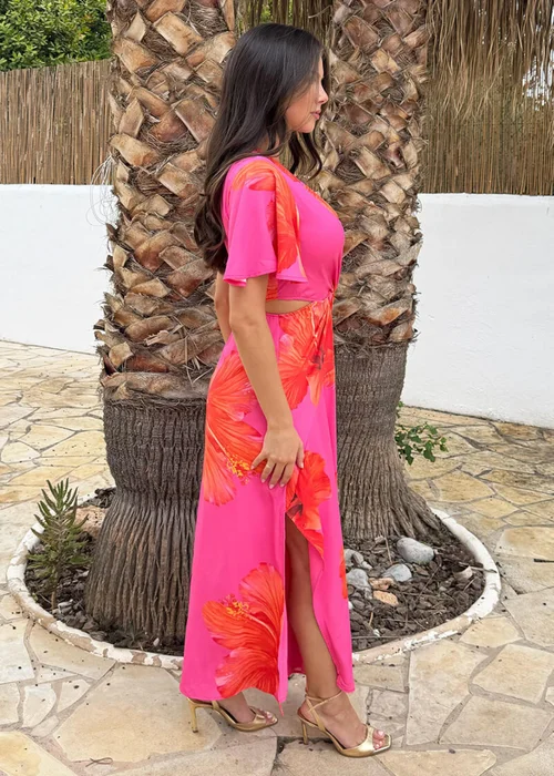 AX Paris Pink & Orange Floral Print V Neck Cut Out Knot Detail Midi Dress - 16 Image 4