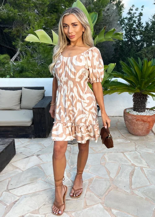 AX Paris Stone & Cream Abstract Print Frill Hem Mini Dress - 8 Image 3