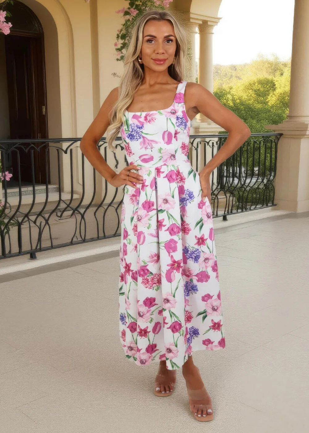 AX Paris Pink Floral Print Square Neck A-line Midi Dress - 10 Image 2