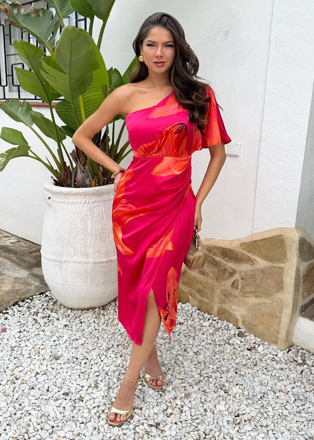 pink with orange dress AND RACER COLOUR BLOCK KNITTED MIDI with its hot pink and orange floral print AX Paris Pink & Orange