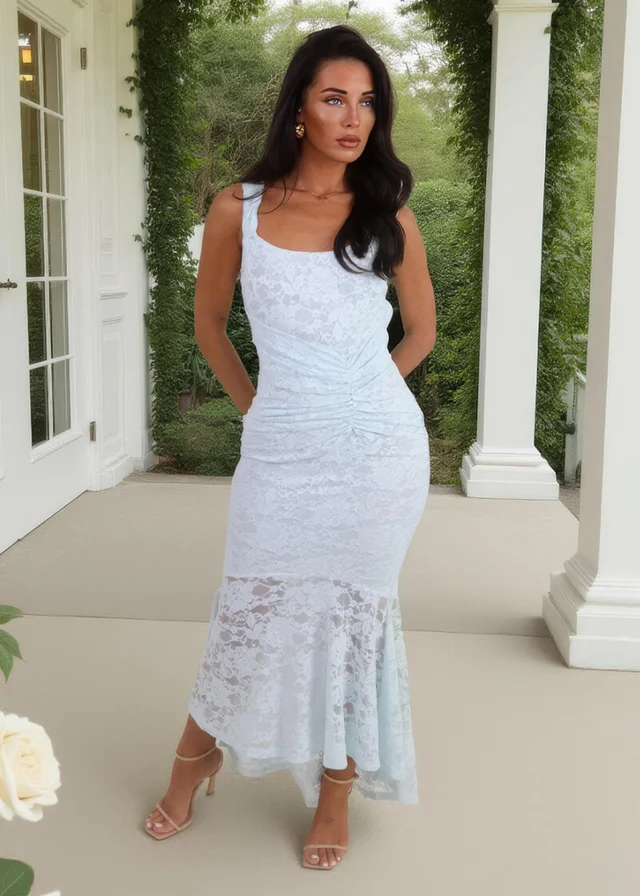 AX Paris Ice Blue Lace Ruched Detail Fishtail Midi Dress