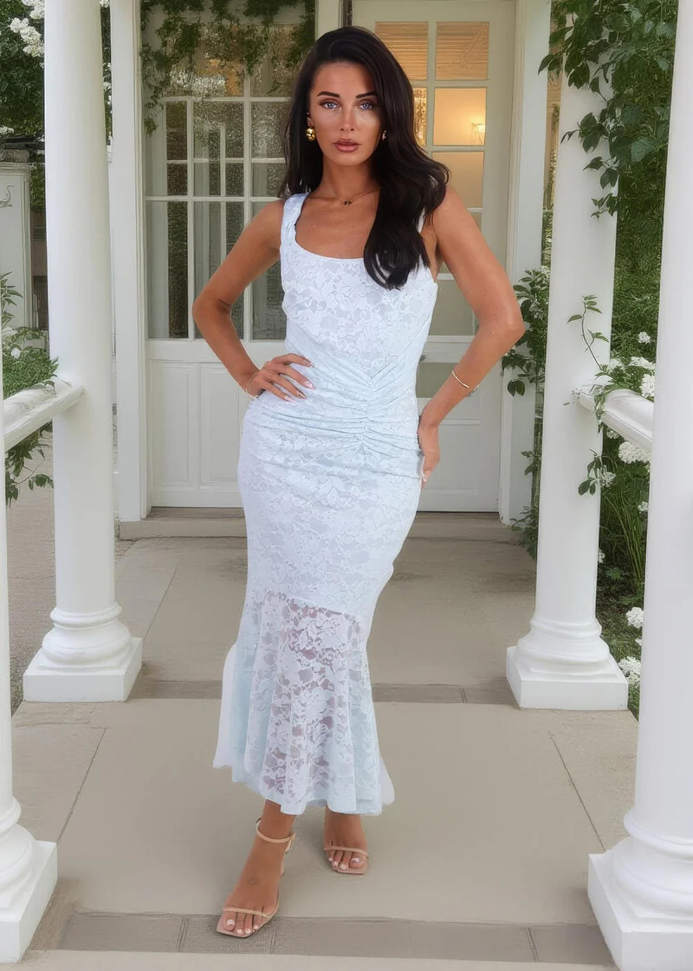 AX Paris Ice Blue Lace Ruched Detail Fishtail Midi Dress - 16 Image 1