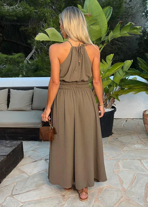 AX Paris Khaki Tie Racer Neck Shirred Waist Midi Dress - 14 Image 5