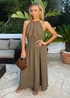 AX Paris Khaki Tie Racer Neck Shirred Waist Midi Dress - 14 Image 1