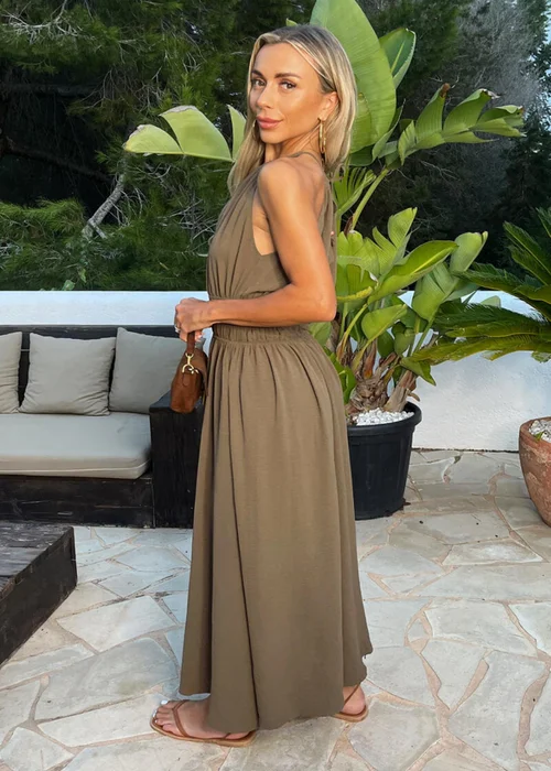 AX Paris Khaki Tie Racer Neck Shirred Waist Midi Dress - 14 Image 4