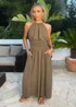 AX Paris Khaki Tie Racer Neck Shirred Waist Midi Dress - 14 Image 2