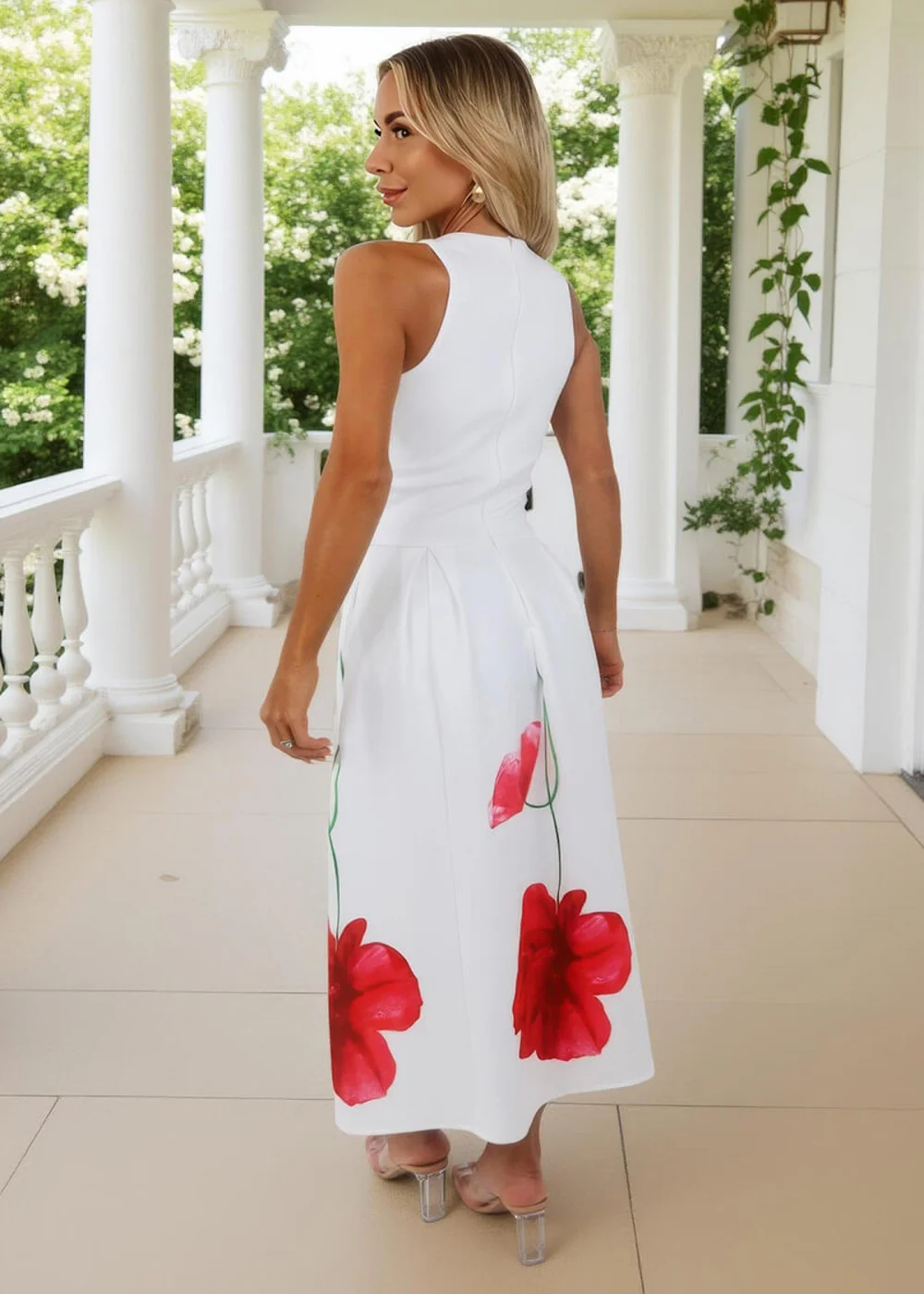 AX Paris Cream Floral Printed Skirt Racer Neck A-Line Midi Dress - 10 Image 5