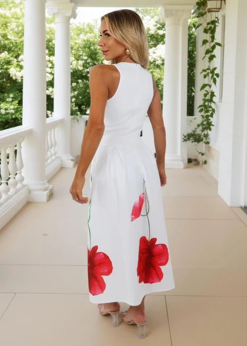 AX Paris Cream Floral Printed Skirt Racer Neck A-Line Midi Dress - 10 Image 5