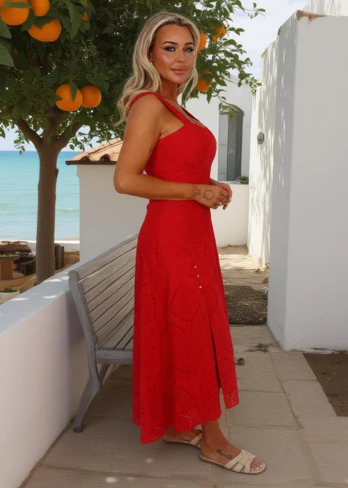 AX Paris Red Broderie Shirred Straps Button Detail Midi Dress - 14 Image 4