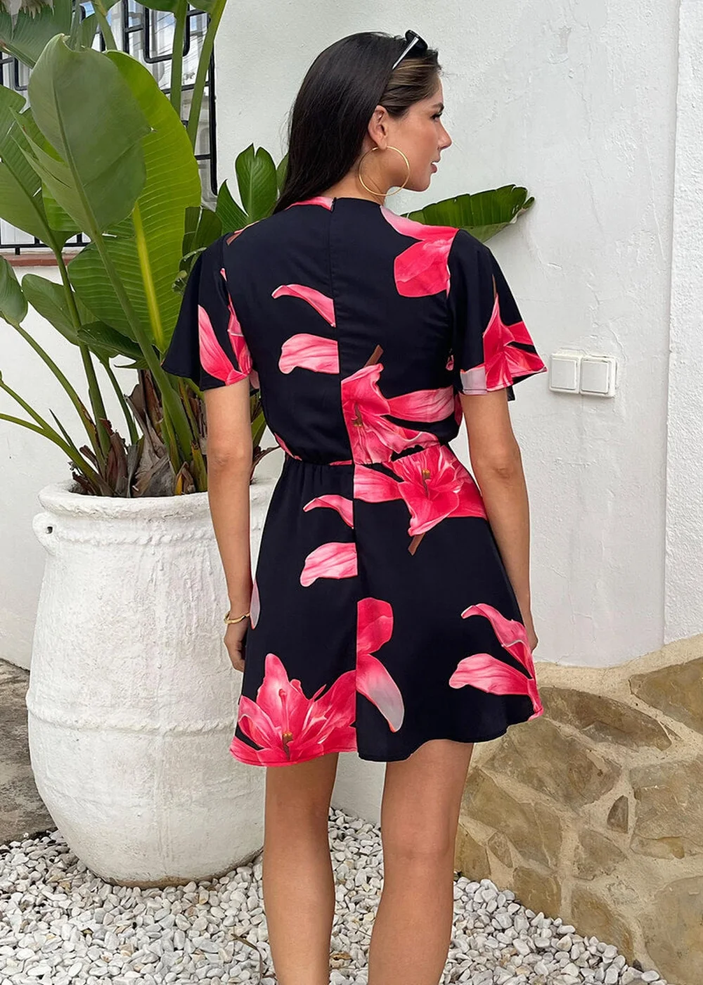 AX Paris Black And Cerise Floral Print Wrap Top Skater Mini Dress - 14 Image 5