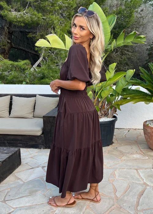 AX Paris Chocolate Puff Sleeve Shirred Waist Smock Midi Dress - 14 Image 4