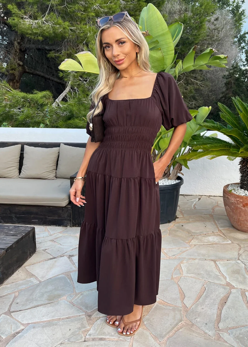 AX Paris Chocolate Puff Sleeve Shirred Waist Smock Midi Dress - 14 Image 2