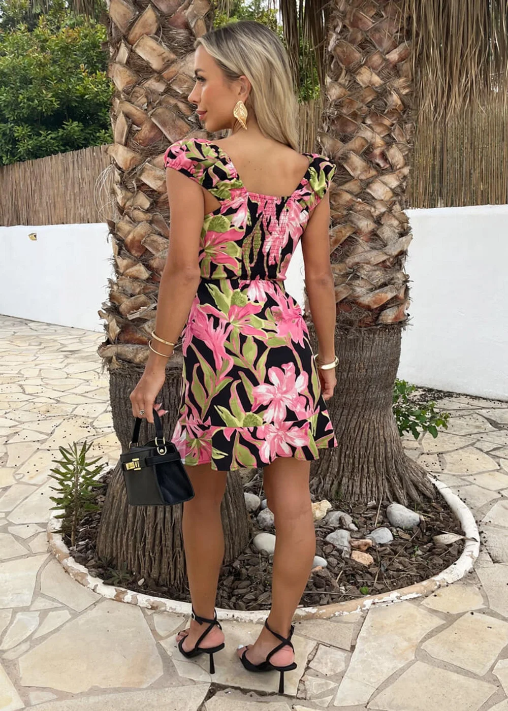 AX Paris Pink Tropical Flower Print Tie Front Puff Sleeve Mini Dress - 10 Image 5