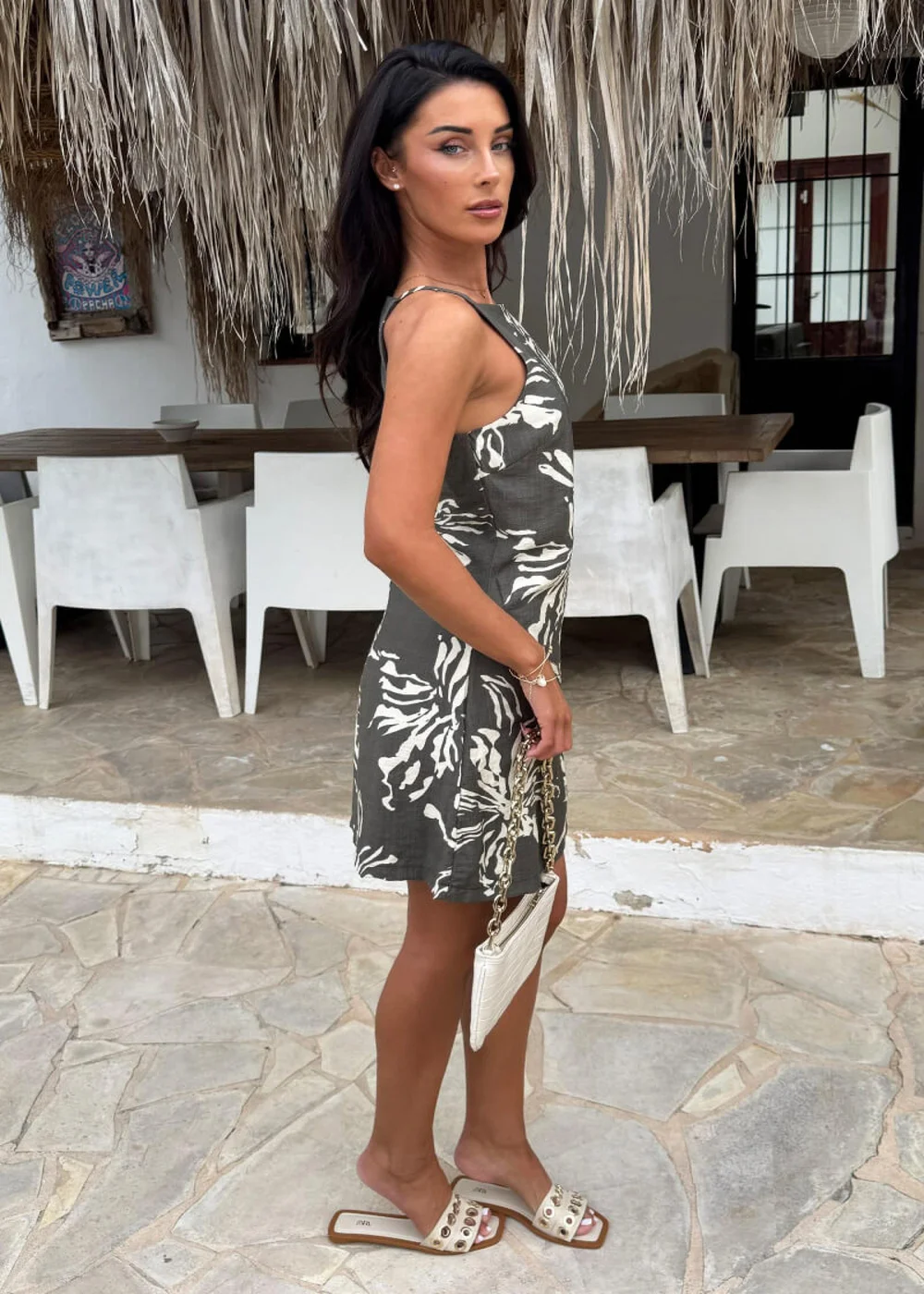 AX Paris Khaki Abstract Floral Print Racer Neck Mini Dress - 16 Image 4