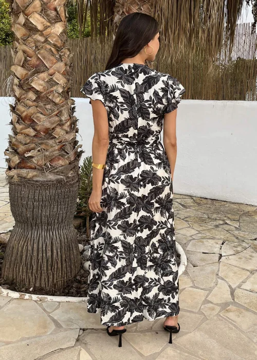 AX Paris Black & White Leaf Print Belted Wrap Midi Dress - 12 Image 5