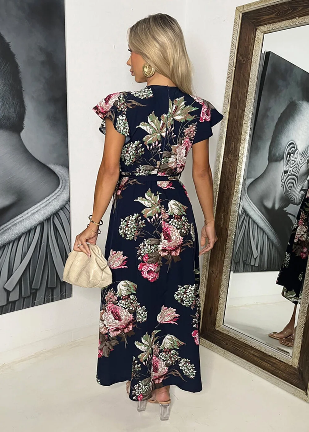 AX Paris Navy Floral Printed Belted Wrap Midi Dress - 10 Image 5