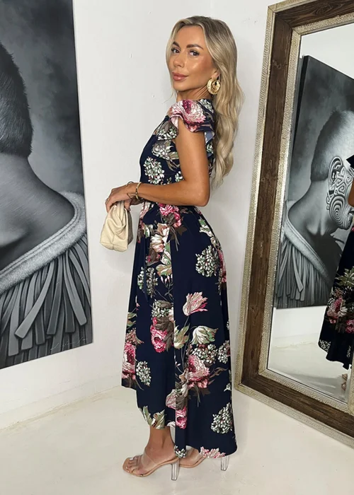 AX Paris Navy Floral Printed Belted Wrap Midi Dress - 10 Image 4
