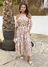 AX Paris Stone And Cream Abstract Print Cold Shoulder Smock Midi Dress - 10 Image 1