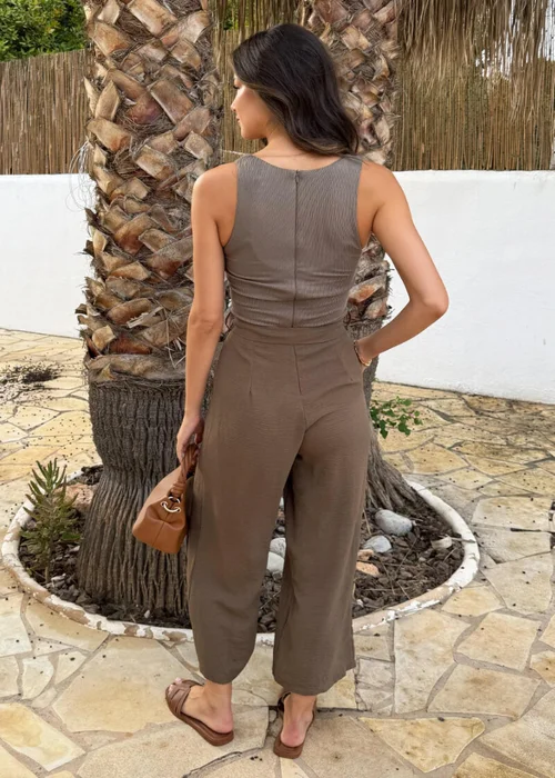 AX Paris Khaki Ribbed Top Scoop Neck Tie Waist Jumpsuit - 16 Image 5