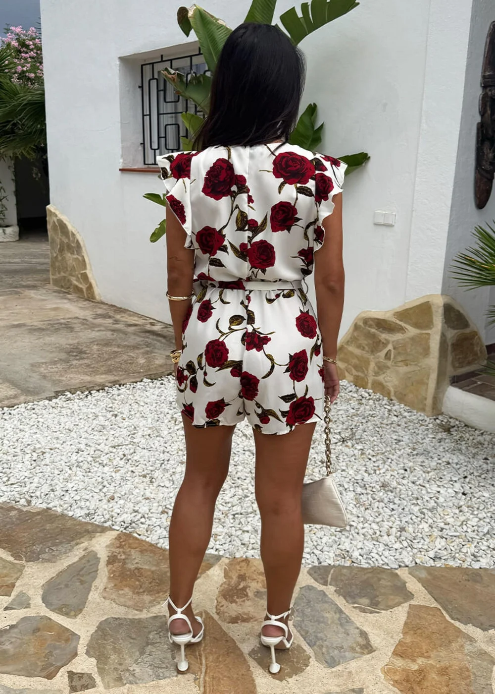 AX Paris Cream Rose Printed Flutter Sleeve Tie Waist Playsuit - 14 Image 5