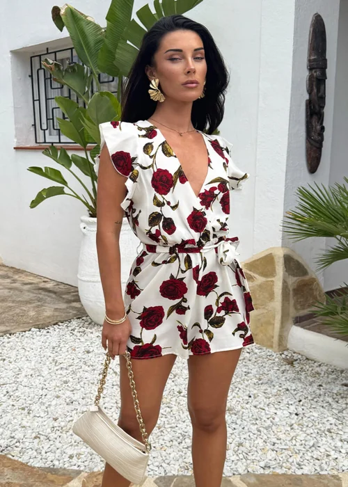 AX Paris Cream Rose Printed Flutter Sleeve Tie Waist Playsuit - 14 Image 1