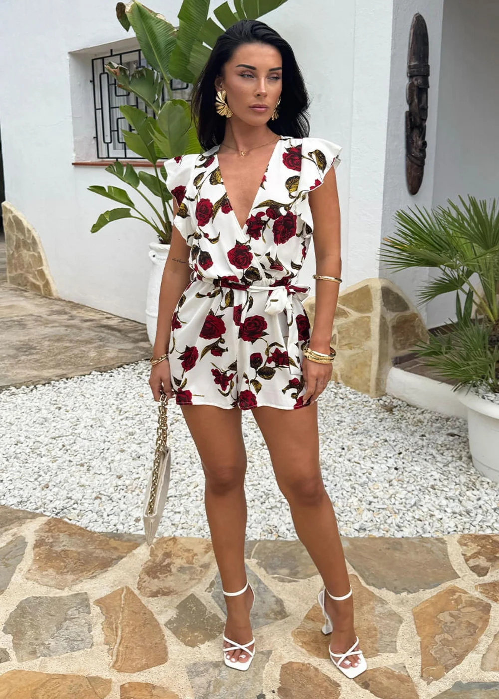 AX Paris Cream Rose Printed Flutter Sleeve Tie Waist Playsuit - 14 Image 2