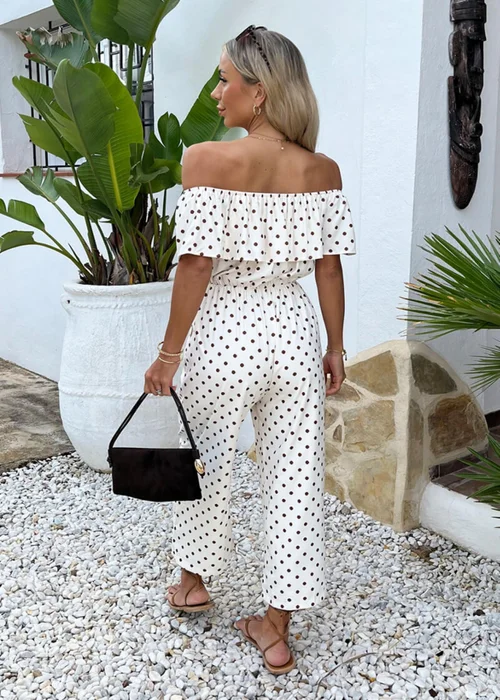 AX Paris Cream & Brown Polka Dot Bardot Frill Culotte Jumpsuit - 10 Image 5