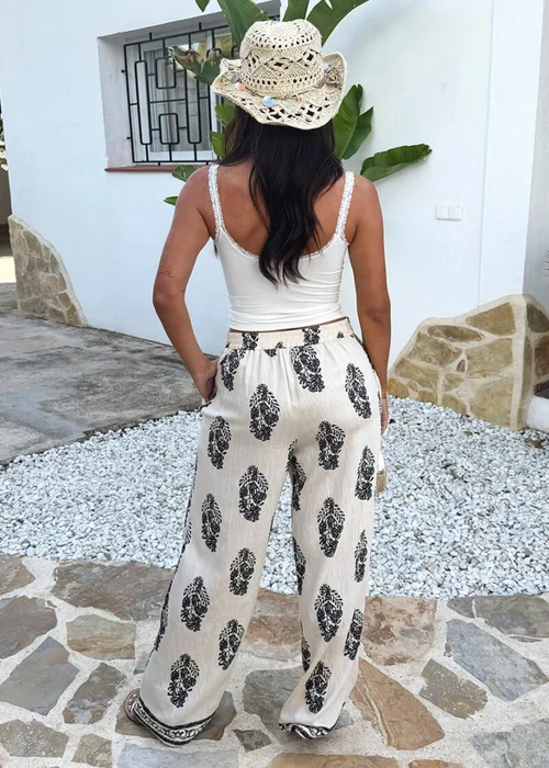 AX Paris Cream Border Print Wide Leg Trousers - 8 Image 5