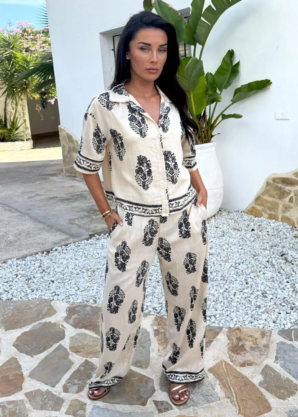 AX Paris Cream Border Print Wide Leg Trousers - 8 Image 2