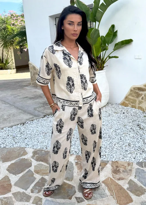 AX Paris Cream Border Print Wide Leg Trousers - 8 Image 2