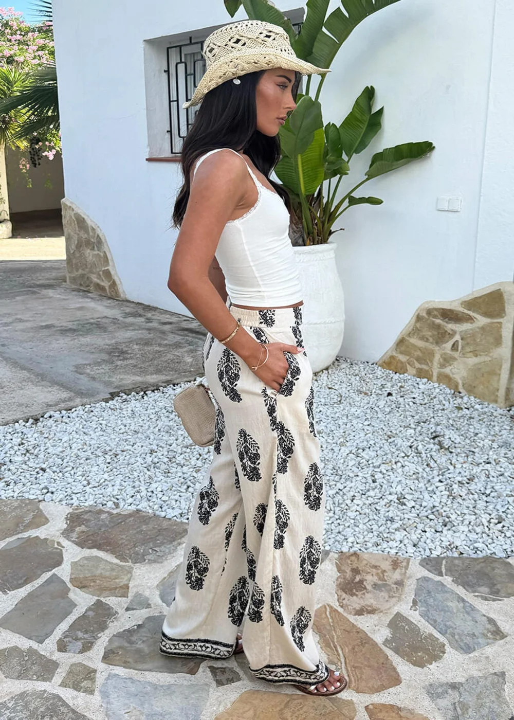 AX Paris Cream Border Print Wide Leg Trousers - 8 Image 4