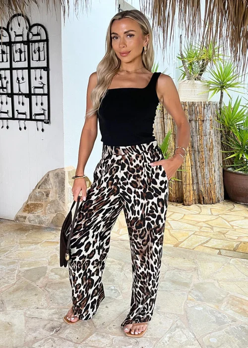 AX Paris Brown Leopard Print Wide Leg Trousers - 16 Image 3