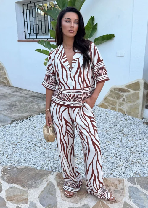 AX Paris Cream & Brown Abstract Print Wide Leg Trousers - 16 Image 2