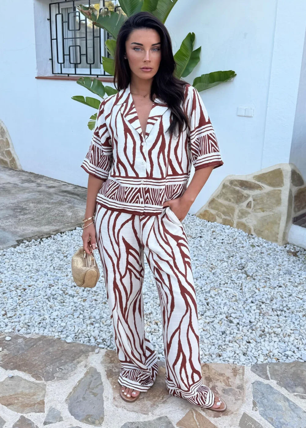 AX Paris Cream & Brown Abstract Print Wide Leg Trousers - 16 Image 1