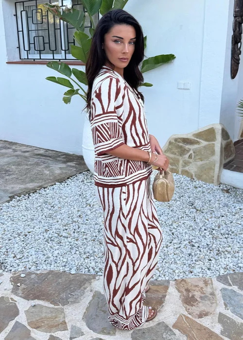 AX Paris Cream & Brown Abstract Print Wide Leg Trousers - 16 Image 4