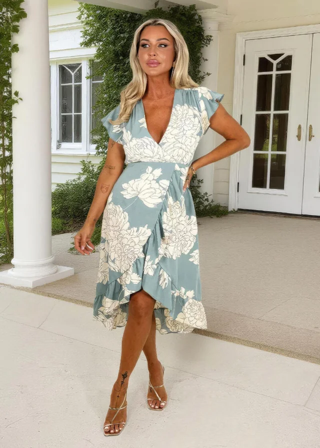 AX Paris Duck Egg & Cream Floral Print Frill Hem Wrap Midi Dress