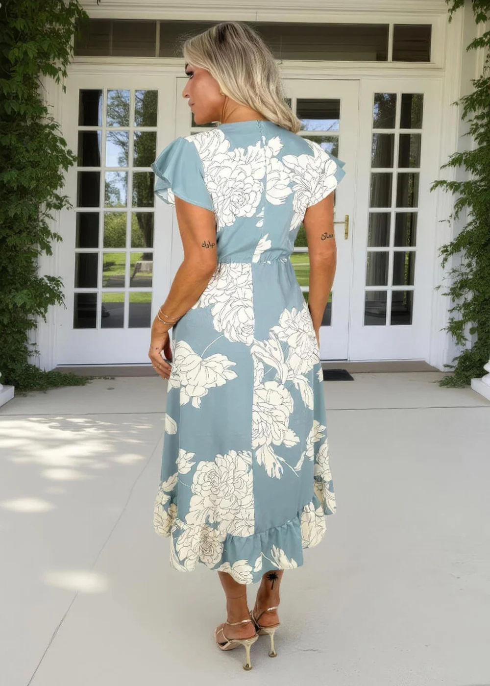 AX Paris Duck Egg & Cream Floral Print Frill Hem Wrap Midi Dress - 14 Image 5