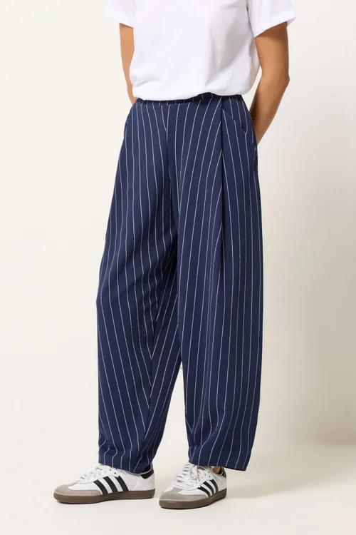 PixieGirl Petite Navy Blue Stripe Barrel Leg Trousers - 14/L27 Image 2