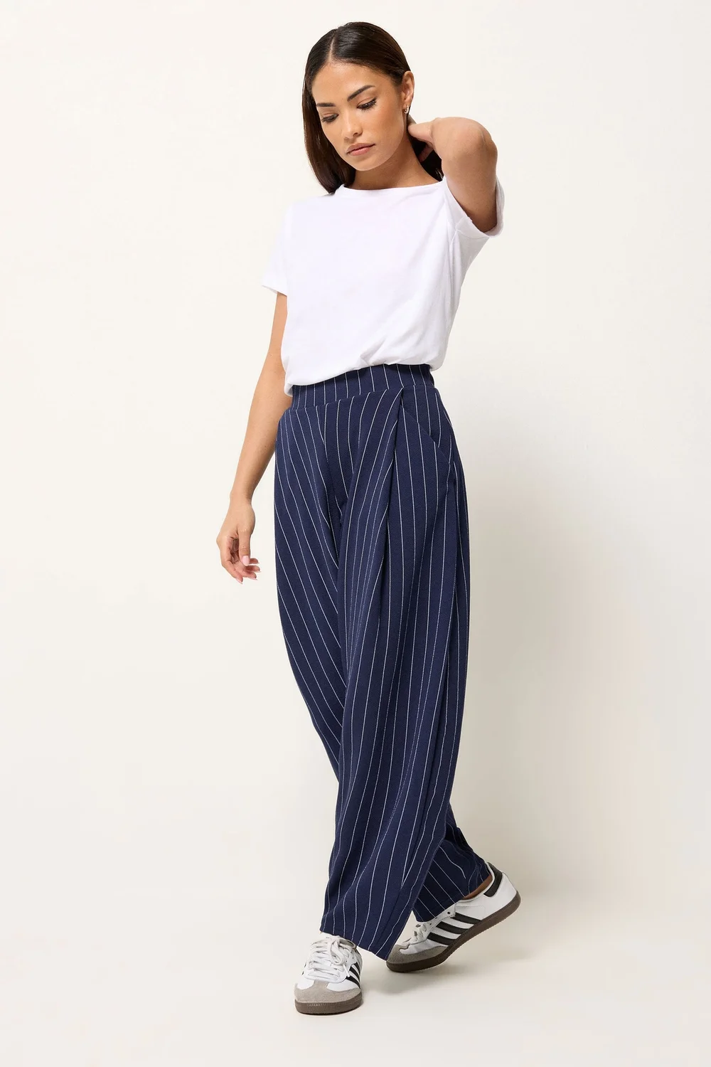 PixieGirl Petite Navy Blue Stripe Barrel Leg Trousers - 14/L27 Image 1