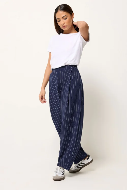 PixieGirl Petite Navy Blue Stripe Barrel Leg Trousers - 14/L27 Image 1