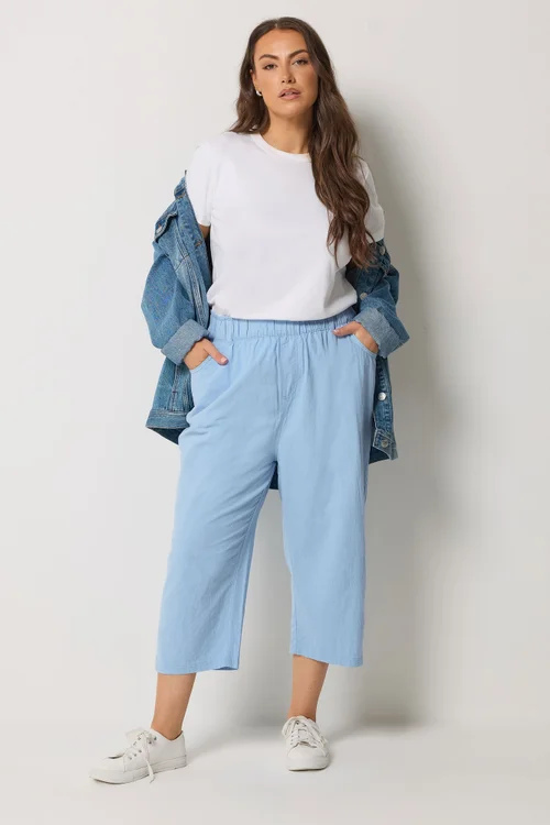 Yours Curve Blue Cool Cotton Cropped Trousers - 18 Image 3