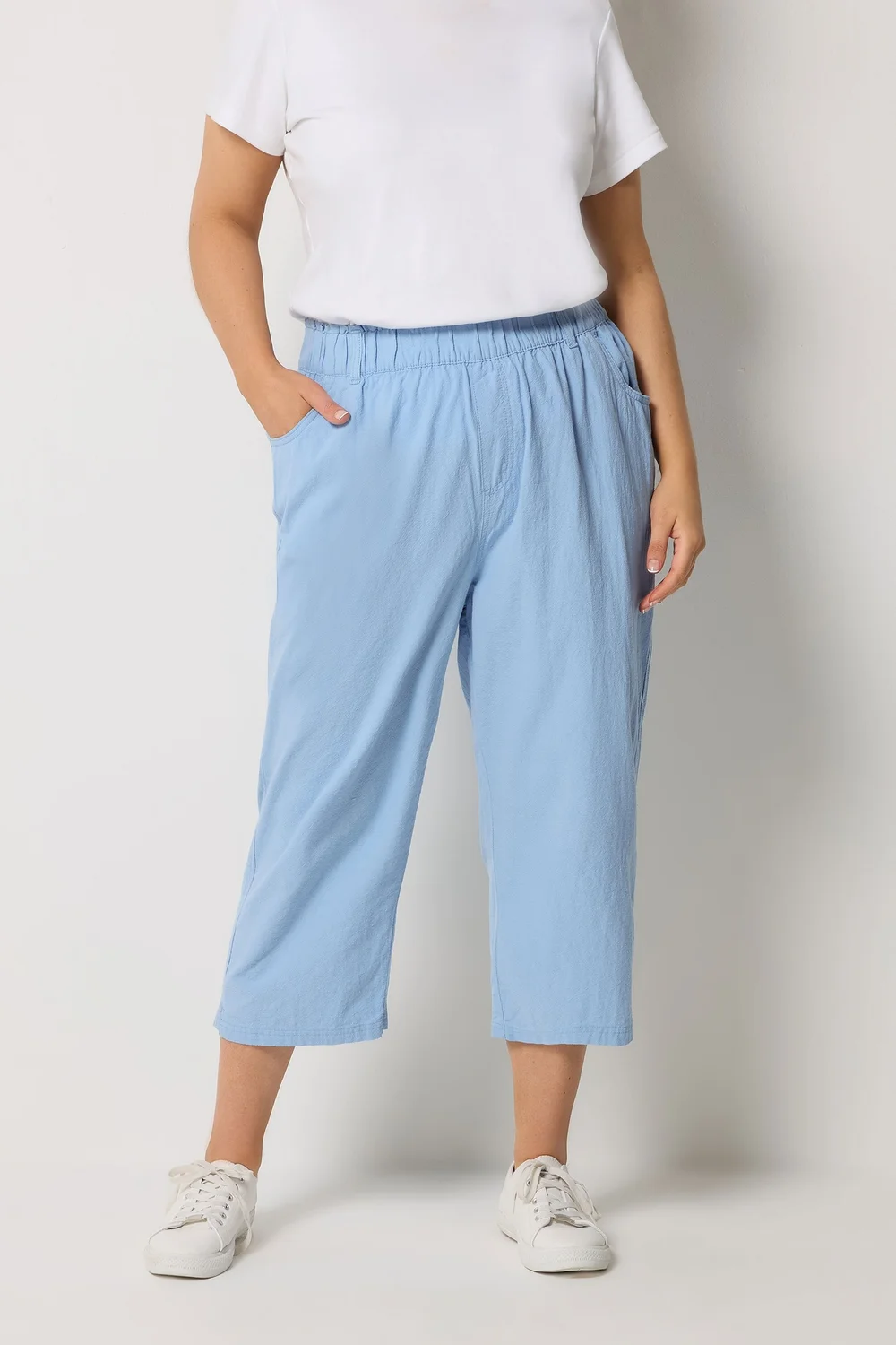 Yours Curve Blue Cool Cotton Cropped Trousers - 18 Image 1
