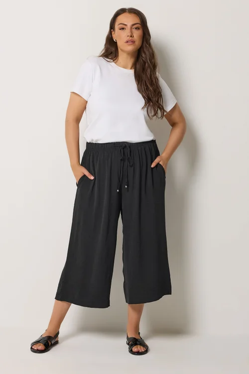Yours Curve Black Cropped Twill Culottes - 26-28 Image 2